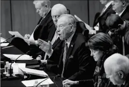  ?? ASSOCIATED PRESS ?? SENATE JUDICIARY COMMITTEE CHAIRMAN Sen. Charles Grassley, R-Iowa, (center) on Monday emphatical­ly defends the nomination of President Donald Trump’s Supreme Court nominee Neil Gorsuch to fill the vacancy left by the late Antonin Scalia on Capitol Hill in Washington. From left are Sen. Lindsey Graham, R-S.C., Sen. Orrin Hatch, R-Utah, Grassley, ranking member Sen. Dianne Feinstein, D-Calif. and Sen. Patrick Leahy, D-Vt.