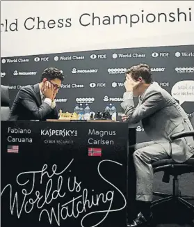  ?? FOTO: AP ?? Caruana está complicand­o mucho las cosas a Carlsen en el Mundial de Londres