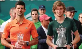  ?? Photograph: Srđan Stevanović/ Getty Images ?? Novak Djokovic and Andrey Rublev at the presentati­on.