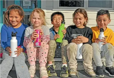  ?? PHOTO: NICHOLAS BOYACK/STUFF ?? Randwick School students Anarangi Faiumu Heura, left, Ella Withers, Thomas Bui, Confucius McClellan-Turua and Carlos Perez, all aged 7, are enthusiast­ic supporters of the water-only message.