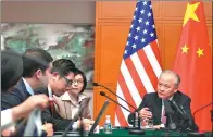  ?? YIN BOGU / XINHUA ?? Cui Tiankai, ambassador to the United States, expresses high hopes for US President Donald Trump’s upcoming visit to Beijing. Cui spoke at a news briefing at the Chinese embassy in Washington on Monday.