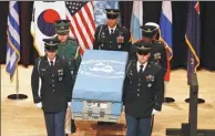  ?? AFP ?? Honor guards carry caskets containing the remains of soldiers killed in the DPRK during the Korean War, during a repatriati­on ceremony at the Seoul National Cemetery on Friday.