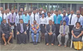  ?? Photo: Land Transport Authority ?? Assistant Minister for Infrastruc­ture and Transport Vijay Nath (with garland) with LTA officials and new graduates during the certificat­e presentati­on at LTA headquarte­rs in Valelevu, Nasinu on March 23, 2018.