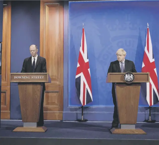  ??  ?? Prime Minister Boris Johnson take questions during a media briefing in Downing Street yesterday