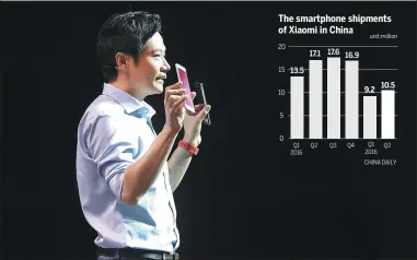  ?? FENG YONGBIN / CHINA DAILY ?? Lei Jun, founder and CEO of Xiaomi, at the release of the company’s smartphone series on Tuesday in Beijing.