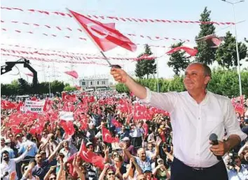  ?? AP ?? Muharrem Ince, Turkey’s Republican People’s Party (CHP) presidenti­al candidate, addresses a rally in Osmaniye. Ince is seen as a strong contender to end Erdogan’s 16-year rule next month.