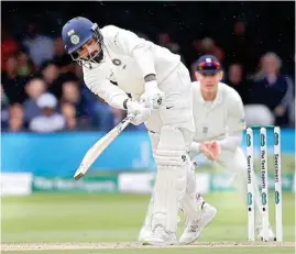  ?? PIC/PTI ?? Ajinkya Rahane plays a shot off the bowling of England's James Anderson during the fourth day of the second test match between England and India at Lord's cricket ground in London, on Sunday