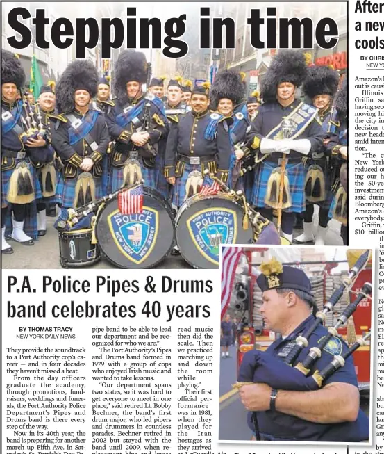  ??  ?? Pipes &amp; Drums band (top) is preparing to make annual march up Fifth Ave. Above, bagpiper Kevin Ryan reflects at Ground Zero.