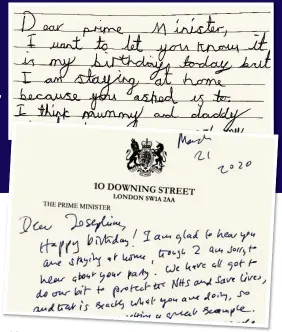  ??  ?? SORRY: Mr Johnson’s letter, above, to Josephine on No 10 headed notepaper. Top: The neat note from the seven-year-old schoolgirl