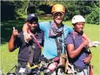  ?? ?? Dale van Blerk, pictured here with Robert Mchunu and Phelelani Mnikathi, took a break from his walk to have a bit of fun at the Karkloof Canopy Tour.