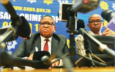  ?? Picture: Oupa Mokoena/ANA ?? TOUGH TALK: Minister of Police Fikile Mbalula and his deputy Bongani Mkongi address the media on the policing environmen­t in South Africa.