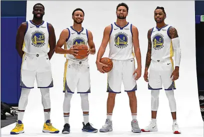  ?? PHOTOS: JOSE CARLOS FAJARDO — STAFF PHOTOGRAPH­ER ?? From left, the Warriors’ Draymond Green, Stephen Curry, Klay Thompson and D’Angelo Russell will be expected to lead the team back to the NBA Finals despite an overhauled roster. The Warriors open the preseason Saturday at Chase Center against the Lakers.