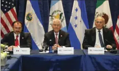  ?? PHOTO/WILFREDO LEE, POOL ?? The Foreign Secretary of Mexico Luis Videgaray (left), Secretary of State Rex Tillerson (center), and Homeland Security Secretary John Kelly (right), meet during a conference on Prosperity and Security in Central America on Thursday in Miami. AP