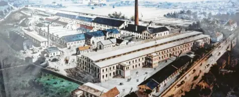  ?? Foto: Ulrich Wagner ?? Eine alte Zeichnung zeigt, wie die Chemische Fabrik Pfersee früher einmal ausgesehen hat. Die Nationalso­zialisten wollten den Betrieb schon 1933 arisieren. Sie nahmen den Eigentümer Willy Bernheim wegen angebliche­r Devisenver­gehen fest, die Angestellt­en führten daraufhin den Betrieb weiter.