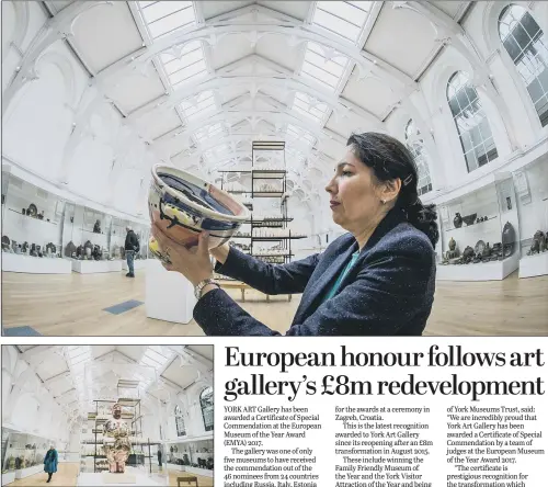  ??  ?? Top, Reyahn King, chief executive of York Museums Trust, holds a work titled Tureen by artist Sandy Brown at York Art Gallery; Melanie by Grayson Perry.