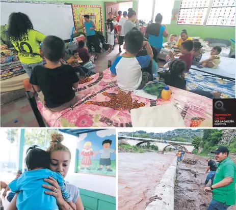  ??  ?? ALBERGADOS. Cientos de pequeños se encuentran refugiados en diversos centros educativos de la capital; Danessy Hernández solicita víveres y ropa para sus pequeños. Los niveles de las aguas del río Choluteca han bajado, según las últimas mediciones.