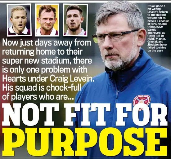  ??  ?? It’s all gone a bit wrong: Levein’s return to the dugout was meant to herald a change in fortune, but things have barely improved, as (inset left to right) Martin, Grzelak and Stockton have failed to shine on the park