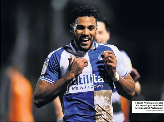  ?? Picture: Ryan Hiscott/JMP ?? Jonah Ayunga celebrates his second goal for Bristol Rovers against Portsmouth