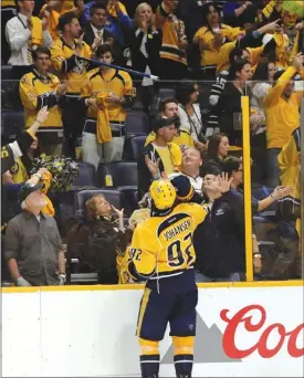  ?? The Associated Press ?? Nashville Predators centre Ryan Johansen throws his stick into the crowd after his team defeated the Anaheim Ducks 2-1 in Game 3 of the NHL Western Conference final Tuesday in Nashville,Tenn.