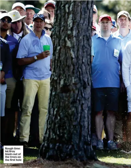  ??  ?? Rough time: McIlroy blasts out of the trees on the first hole