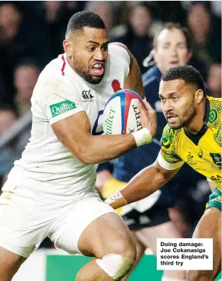  ??  ?? Doing damage: Joe Cokanasiga scores England’s third try