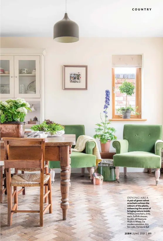  ??  ?? DINING AREA
A pair of green velvet armchairs echoes the colours of the plants, enhancing the sense of bringing nature inside. William armchairs, £765 each; Suffolk dresser, £3,380, all Neptune. Walls in White Tie modern emulsion, £53 for 2.5ltr, Farrow & Ball
