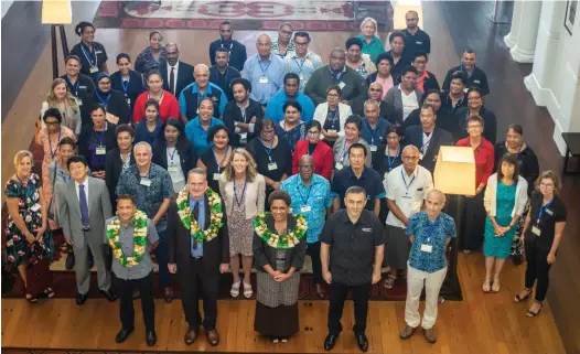  ?? Photo: Leon Lord ?? Minister for Women, Children And Poverty Alleviatio­n Mere Vuniwaqa with members of the workshop to eradicate of child labour by 2025. The workshop took place at the Grand Pacific Hotel in Suva on March 29, 2021.