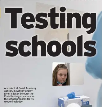  ??  ?? A student at Great Academy Ashton, in Ashton-underLyne, is taken through the Covid testing procedure as the school prepares for its reopening today