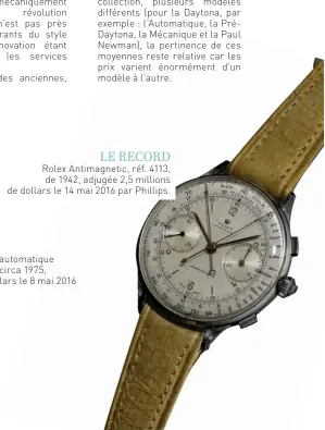  ??  ?? LE RECORD Rolex Antimagnet­ic, réf. 4113, de 1942, adjugée 2,5 millions de dollars le 14 mai 2016 par Phillips.