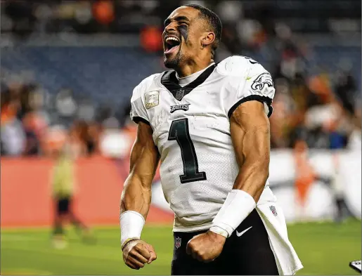  ?? JACK DEMPSEY/ASSOCIATED PRESS ?? Eagles second-year quarterbac­k Jalen Hurts is completing only 62% of his passes, for 216 yards per game through 10 games. With three potential high first-round picks in the 2022 NFL draft, Philadelph­ia has the currency to acquire a franchise QB in the offseason.