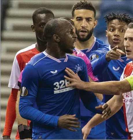  ??  ?? Rangers’ Glen Kamara responds after being racially abused by Slavia Prague’s Ondrej Kudela last month