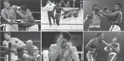  ?? THE ASSOCIATED PRESS ?? Clockwise from top left are file photos showing Muhammad Ali getting hit by Trevor Berwick on Dec. 11, 1981 in Nassau, Bahamas; Joe Frazier directed to his corner by referee Arthur Merchant after knocking down Ali on March 8, 1971, in New York; Ali...