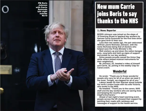  ?? Pictures: TIM CLARKE, PA, REUTERS ?? PM Boris Johnson with Carrie Symonds last night outside No10
