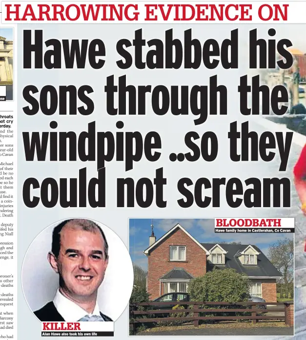  ??  ?? KILLER Alan Hawe also took his own life BLOODBATH Hawe family home in Castleraha­n, Co Cavan