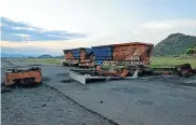  ??  ?? The remains of a truck that was set alight by protesting residents of Nkaneng informal settlement.