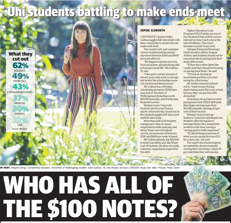  ??  ?? IN DEBT: Despite being a scholarshi­p recipient, University of Wollongong student Juliet Gobran, 19, has already accrued a $16,000 study loan debt. Picture: Andy Zakeli