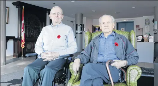  ?? GLEN WHIFFEN/THE TELEGRAM ?? Veterans James Samuel Miller, 81, (left) and James Kirby, 94, discuss their thoughts on Remembranc­e Day at the Caribou Memorial Veterans Pavilion in St. John’s Friday.