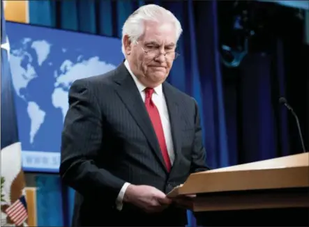  ?? ANDREW HARNIK — THE ASSOCIATED PRESS ?? Secretary of State Rex Tillerson steps away from the podium Tuesday after speaking at the State Department in Washington. President Donald Trump fired Tillerson on Tuesday.