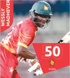  ?? ODI – Zimcricket­tv ?? FIGHTING IN VAIN . . .Wesley Madhevere’s encouragin­g third half century could not help the Chevrons save the series as they lost a close encounter to Bangladesh at Harare Sports Club yesterday.