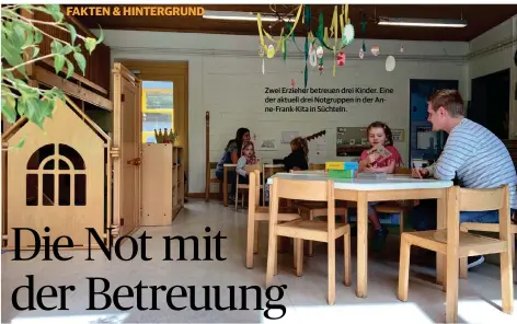  ??  ?? Zwei Erzieher betreuen drei Kinder. Eine der aktuell drei Notgruppen in der Anne-Frank-Kita in Süchteln.