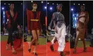  ??  ?? Models display designs by Weiz Dhurm Franklyn (far left and far right), DNA by Iconic Invanity (second left) and Bibi (third left) during the Arise fashion week in Lagos, Nigeria. Photograph: Sunday Alamba/AP