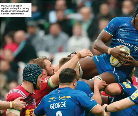  ??  ?? Maro Itoje in action against Harlequins during the clash with Saracens in London last weekend