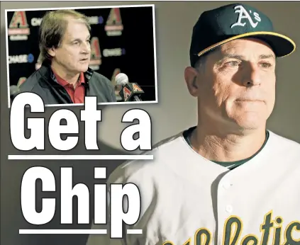  ?? AP; Getty Images ?? CHECK MY REFERENCES: A’s third-base coach Chip Hale managed the Diamondbac­ks for two years, where Tony La Russa, Arizona’s chief baseball officer, was impressed by Hale’s intelligen­ce and competitiv­e nature.