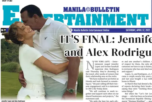  ??  ?? Jennifer Lopez and Alex Rodriguez