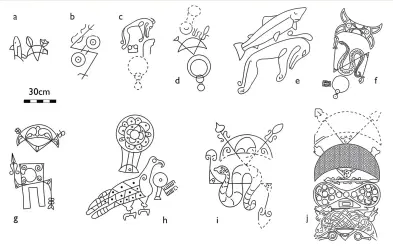  ??  ?? Below: Over time symbols were made larger and more complex: earlier, Sculptor’s Cave, Covesea (a), Dunnicaer (b), Rhynie 8 (c) and Rhynie 6 (d); more monumental, the Craw Stane (e); decorative elaboratio­n, Dairy Park, Dunrobin (f), Ballintomb (g), Inveravon (h), Brandsbutt (i); referencin­g manuscript art, Rosemarkie (j)