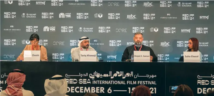  ?? NATIONAL FILM DEVELOPMEN­T
AN photo by Huda Bashatah ?? The King Abdulaziz Center for World Culture (Ithra) discussed its three new films at a press conference at the inaugural Red Sea Internatio­nal Film Festival on Wednesday.