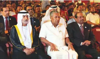  ?? Abdul Rahman/Gulf News ?? Shaikh Nahyan with Pinarayi Vijayan and Yousuf Ali M.A. during a function at the Indian Social and Cultural Centre in Abu Dhabi on Thursday.
