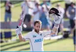  ?? ?? MOUNT MAUNGANUI: New Zealand’s Kane Williamson celebrates reaching his century during day three VM [OL ÄYZ[ JYPJRL[ [LZ[ TH[JO IL[^LLU 5L^ ALHSHUK and South Africa at the Bay Oval in Mount Maunganui on February 6, 2024. — AFP