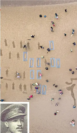  ??  ?? A sand drawing on Ayr beach of Second Lieutenant Walter Tull, who signed for Rangers and was the first black officer in the British Army. Above left, a mother and son on Sunny Sands Beach, Folkstone, for filmmaker Danny Boyle’s Pages of the Sea project