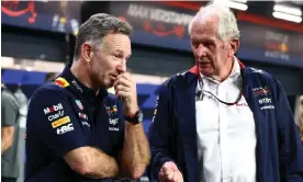 ?? ?? Christian Horner and Helmut Marko at the last race, in Saudi Arabia. Attempts by Red Bull to draw a line under controvers­y have been in vain. Photograph: Clive Rose/Getty Images